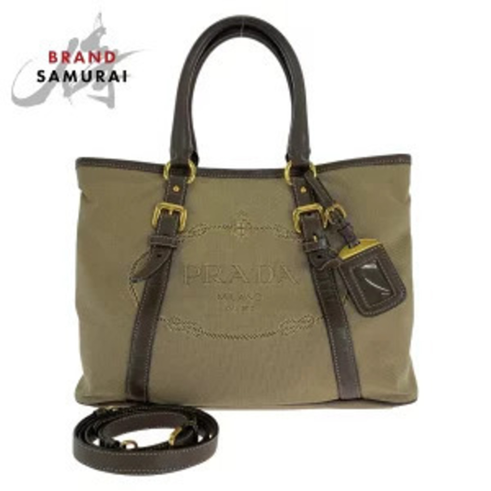 Prada jacquard triangular plate Khaki Green brown canvas leather tote bag